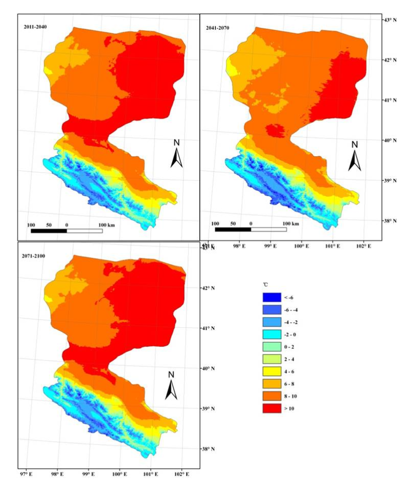 Downscaling simulations of future temperature based on CMIP5 outputs in Heihe river basin (2011-2100)